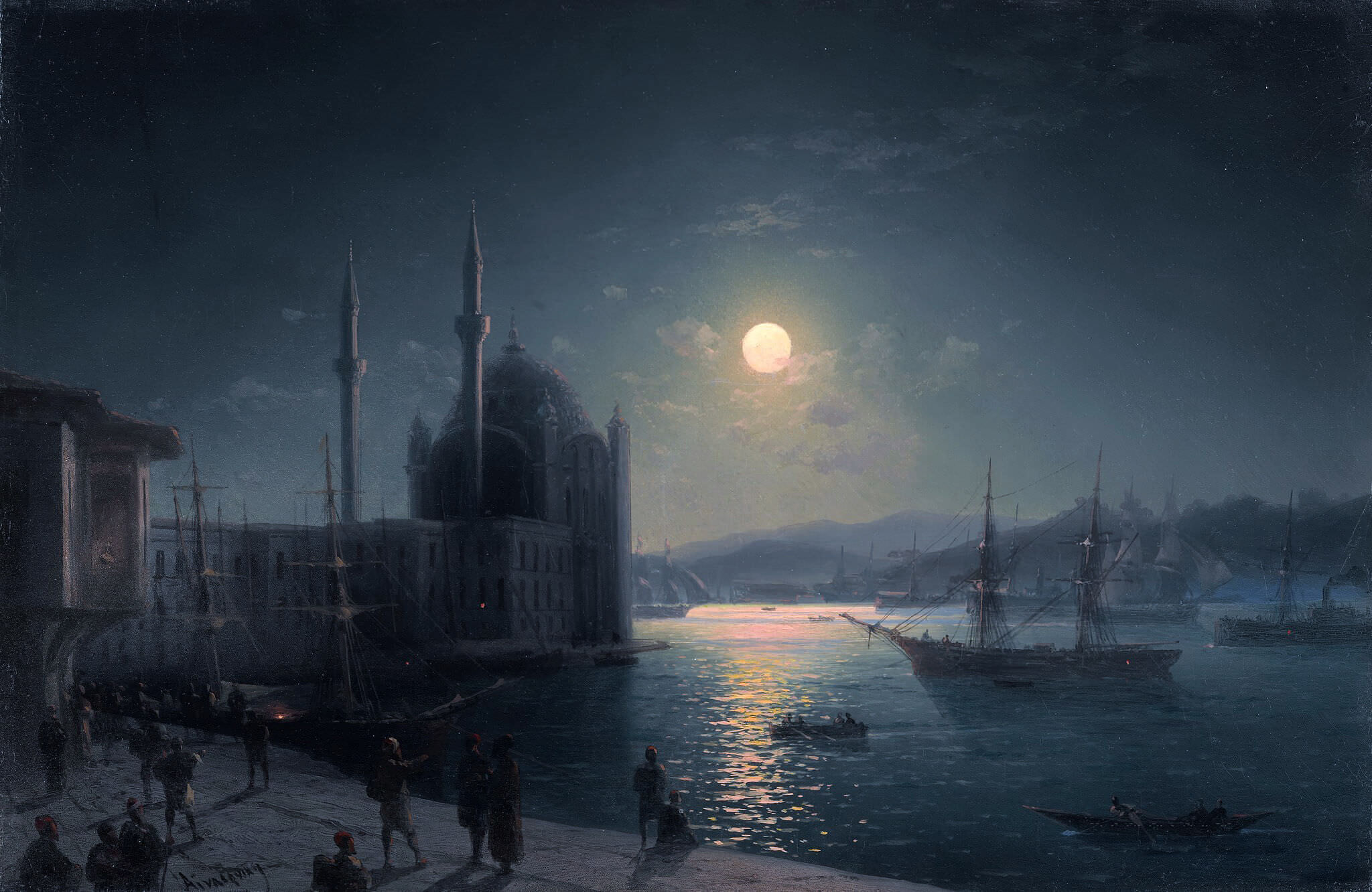 伊万·艾瓦佐夫斯基（Ivan Aivazovsky）作品-博斯普鲁斯海峡的月夜