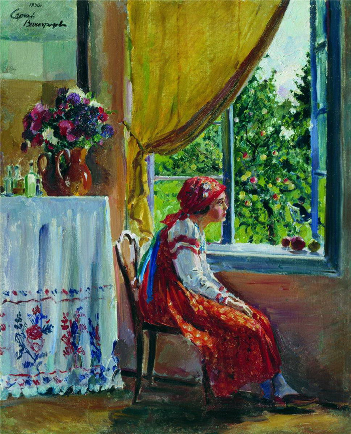 维诺格拉多夫(Sergei Arsenievich Vinogradov)作品-穿着太阳裙的年轻女士