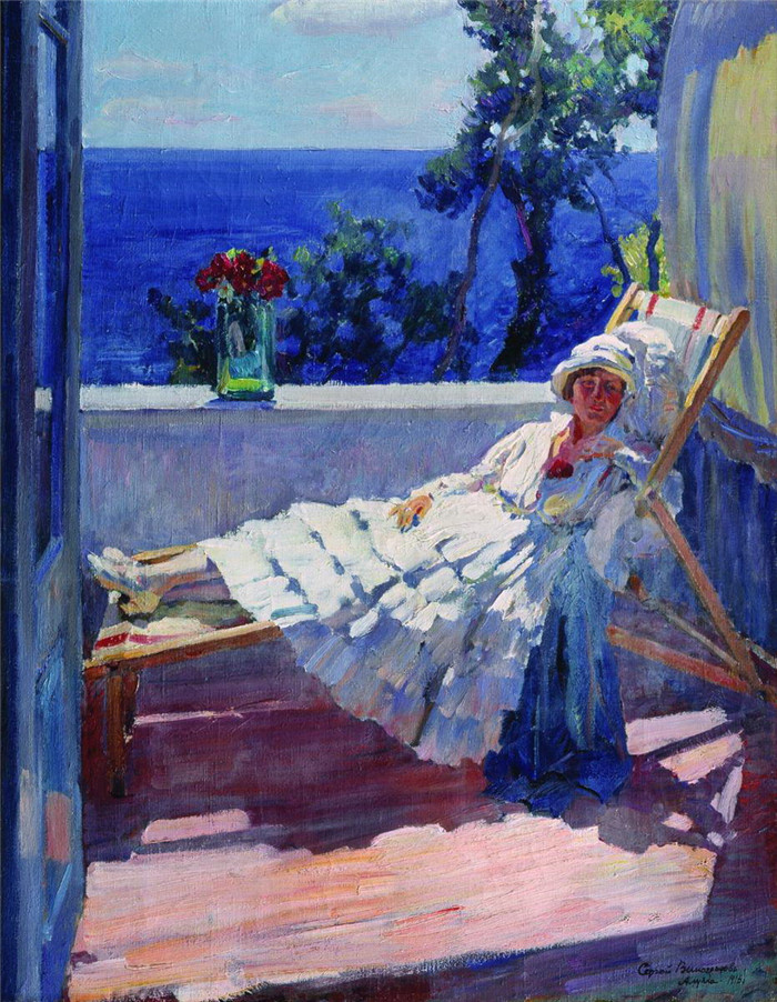 维诺格拉多夫（Sergei Arsenievich Vinogradov）作品-阳台上的女士