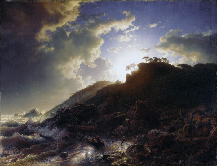 安德烈亚斯·阿肯巴赫(Andreas Achenbach)-西西里海岸风暴后的日落