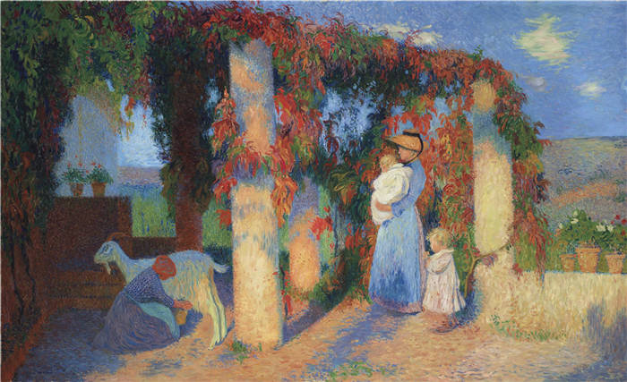 亨利·马丁（Henri-Jean Guillaume Martin）高清作品-母亲和孩子在凉亭