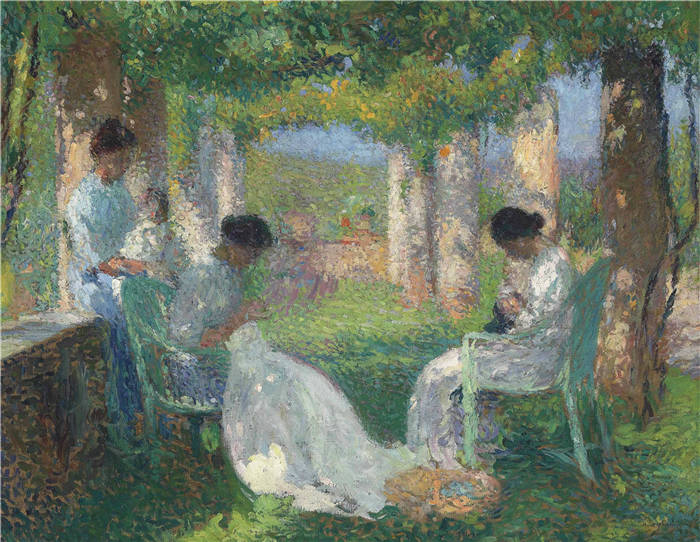 亨利·马丁(Henri-Jean Guillaume Martin)高清作品-花园绿荫下聊天