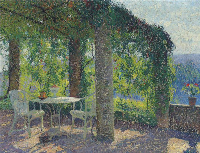 亨利·马丁（Henri-Jean Guillaume Martin）高清作品-院子里的藤蔓凉亭
