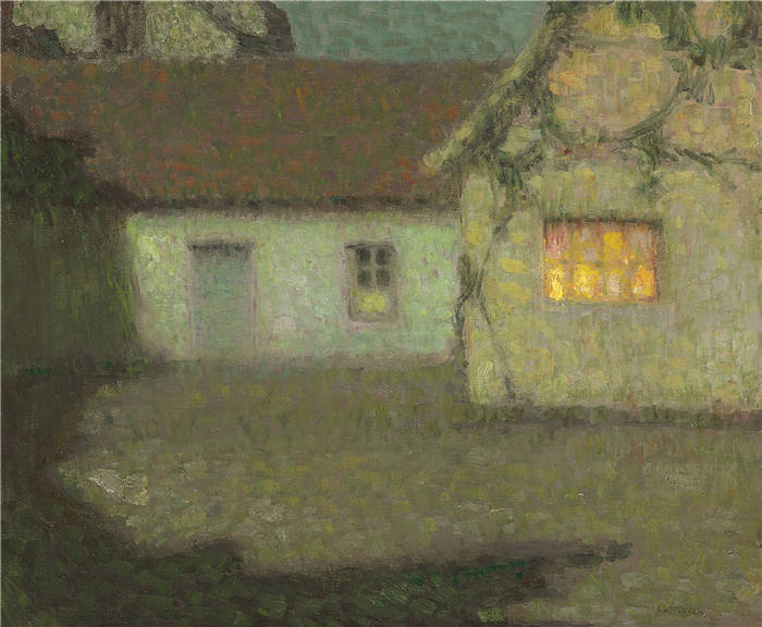 亨瑞·塞蒂纳（ Henri Le Sidaner）高清作品-房子的院子，月光