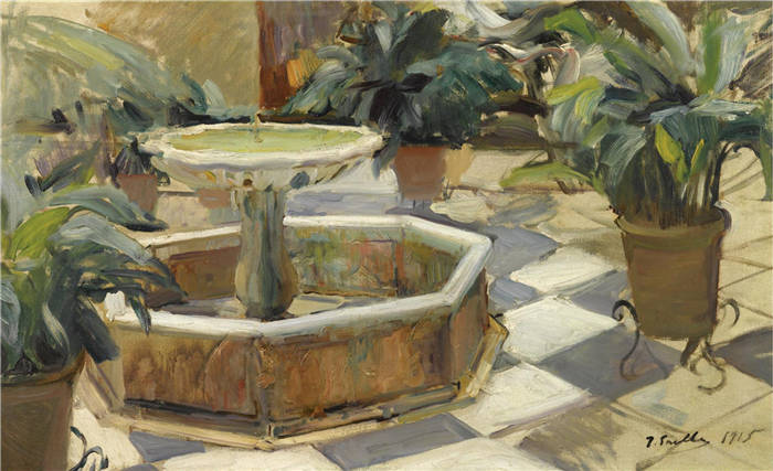 华金·索罗拉（Joaquin Sorolla）作品-塞维利亚的一个庭院喷泉