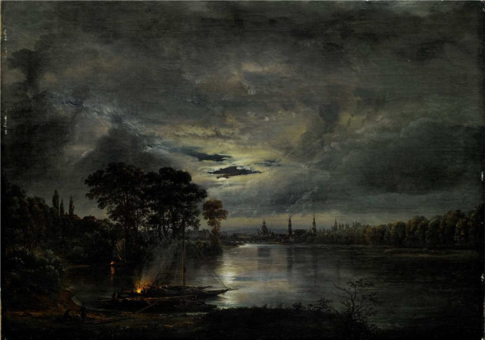 约翰·克里斯蒂安·达尔（Johan Christian Dahl）高清作品-《月光下的德累斯顿》（1823）