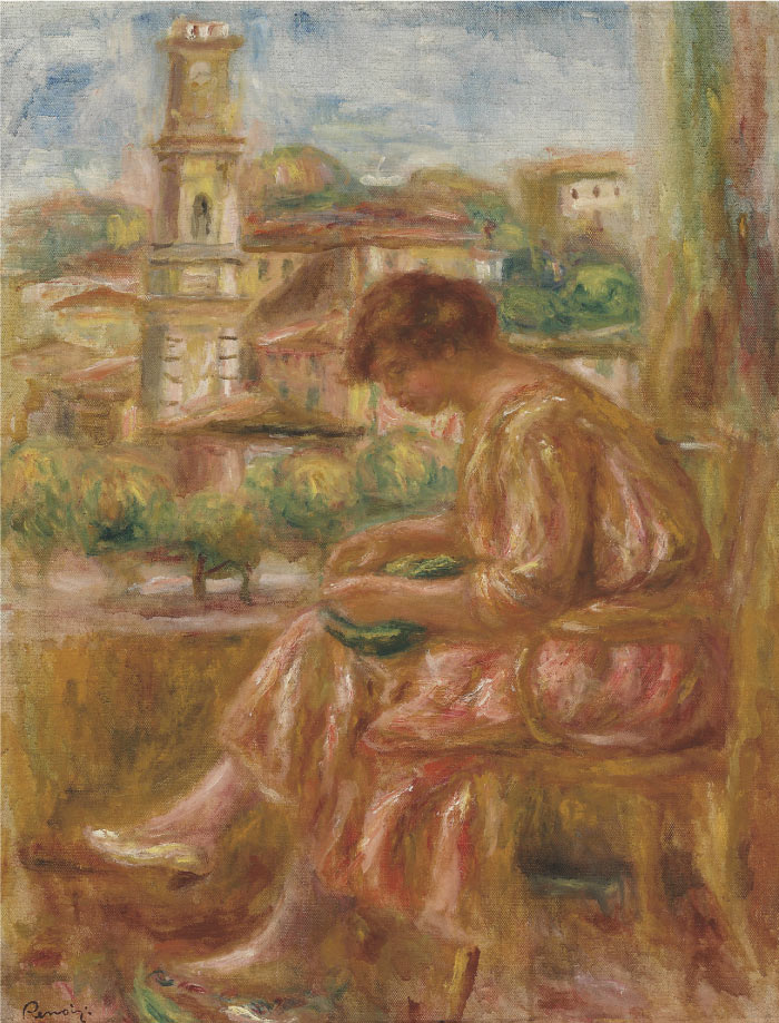 雷诺阿（Pierre-Auguste Renoir）作品-FEMME À LA FENÊTRE AVEC SUR LE VIEUX NICE