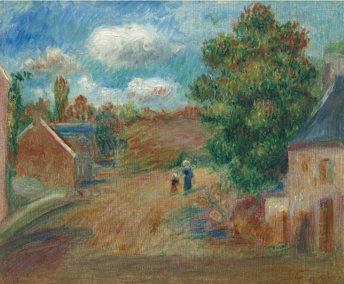 雷诺阿（Pierre-Auguste Renoir）作品-景观，带妇女和儿童的村庄入口