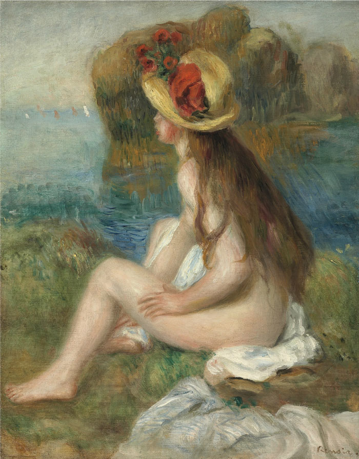 雷诺阿（Pierre-Auguste Renoir）作品-NU AU CHAPEAU DE PAILLE ASSIS EN BORDURE DE MER