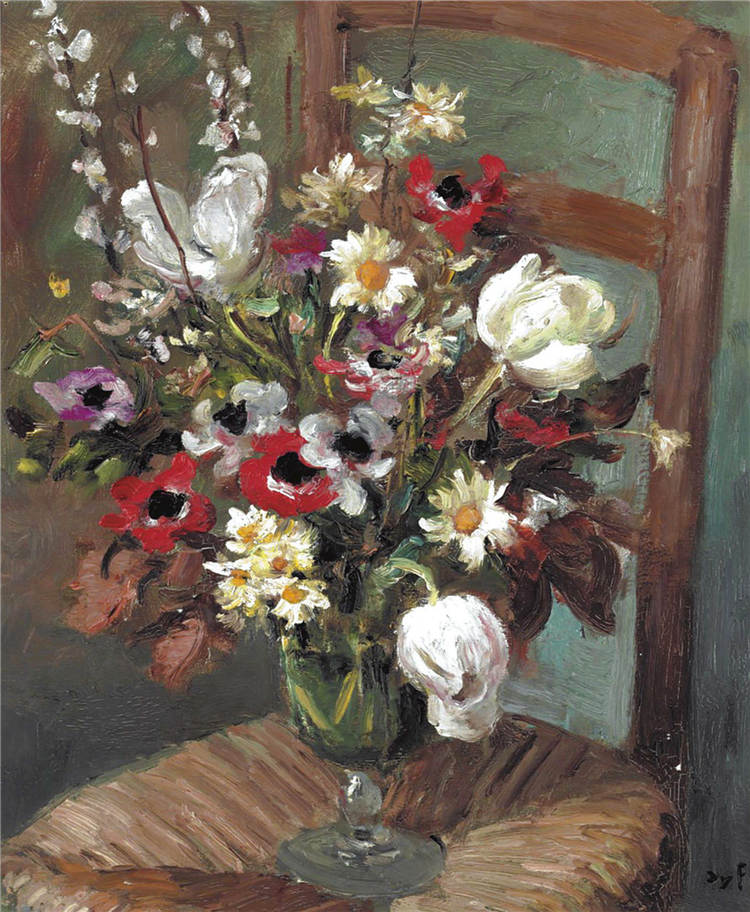 马塞尔·戴夫(Marcel Dyf)作品- 凳子上的花与花瓶