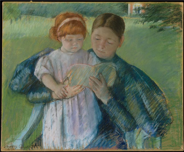玛丽·卡萨特（Mary Cassatt）作品–阅读的保姆与小女孩