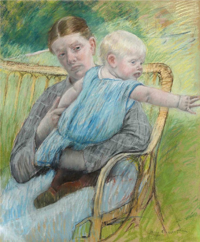 玛丽·卡萨特（Mary Cassatt）作品–玛蒂尔德抱着一个伸出援手的婴儿