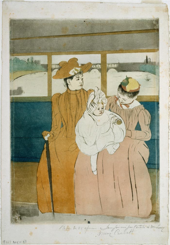 玛丽·卡萨特（Mary Cassatt）作品–interior of a tramway passing a bridge
