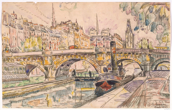 保罗·西涅克（Paul Signac）作品-巴黎新桥与拖船