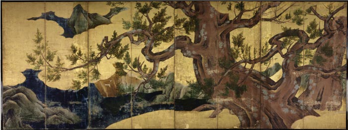 日本 安土桃山时代《狩野永德-桧图》屏风高清作品 82x222