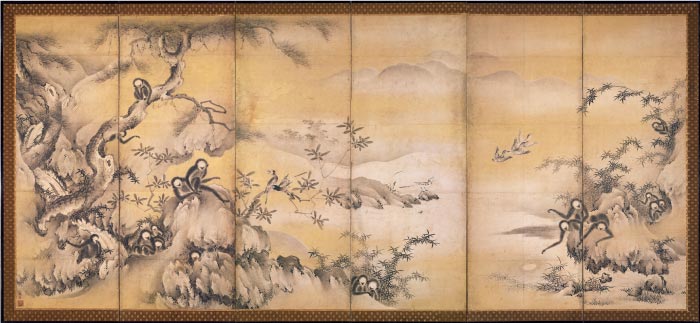 日本 《岩树游猿图》屏风高清作品 60x131