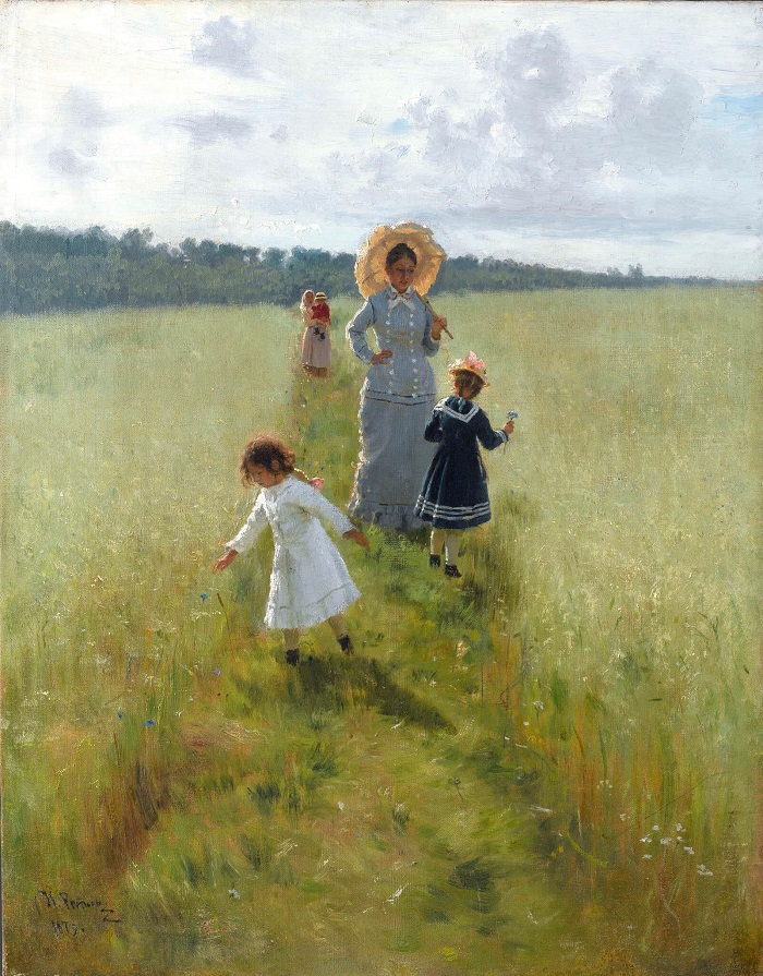 伊利亚·列宾（ Ilya Repin）高清油画作品-雷皮纳和孩子们沿着边境散步
