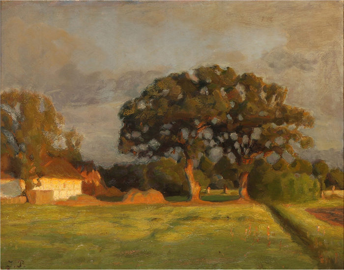 朱利叶斯·保尔森（Julius Paulsen）-黄昏阳光下的大树景观