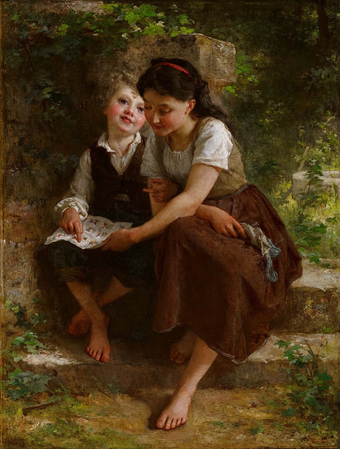 埃米尔·穆尼尔(Émile Munier，法国画家)高清油画作品-《 楼梯上的孩子》
