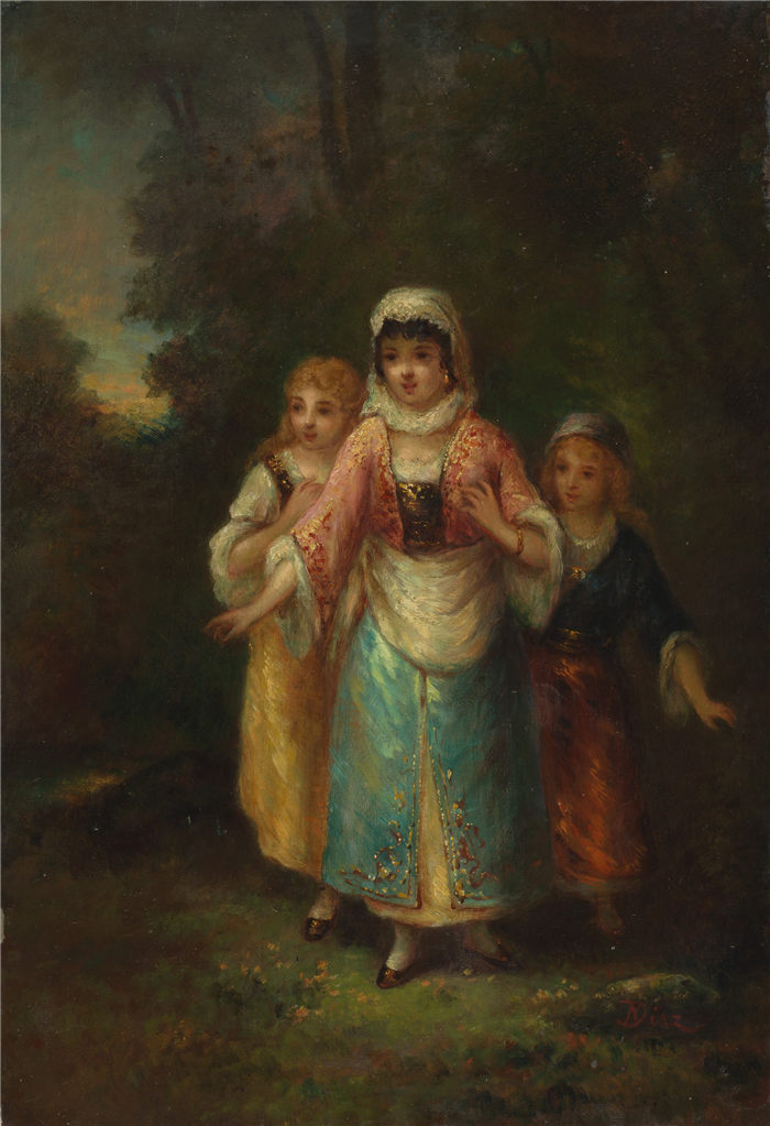 纳西斯·迪亚兹·德·拉·佩纳（Narcisse-Virgile Diaz de la Peña，法国画家）作品-森林中的三个女孩