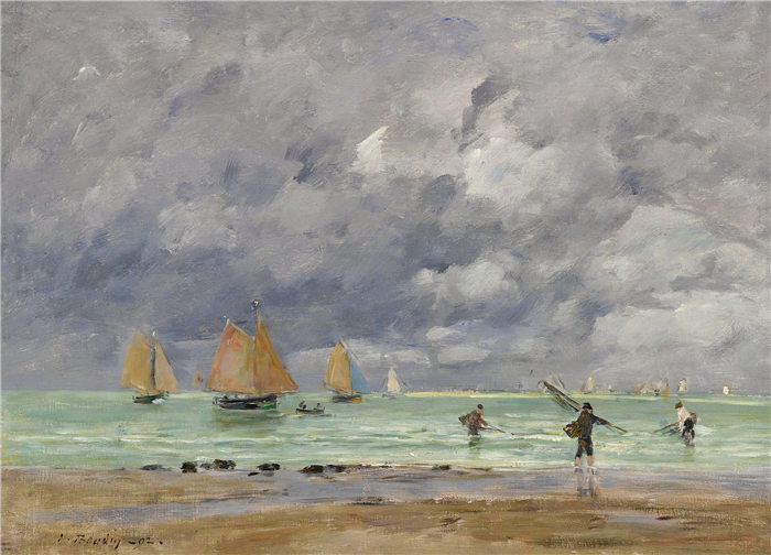 欧仁·布丁（Eugène Boudin）高清作品-Trouville附近的渔民和船只，1892年