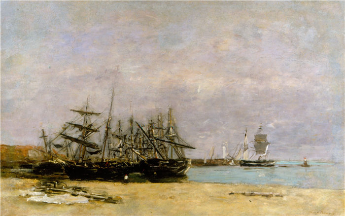 欧仁·布丁（Eugène Boudin）高清作品-搁浅的船只