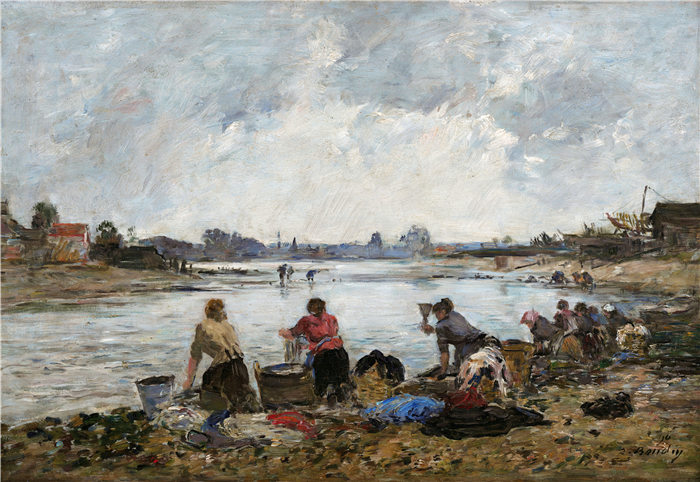 欧仁·布丁（Eugène Boudin）高清作品-图奎斯河畔的洗衣妇女，1890年