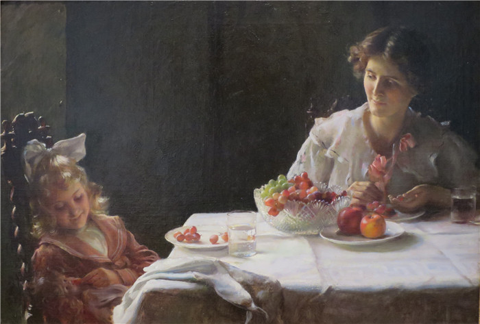 查尔斯·考特尼·柯伦(Charles Courtney Curran)高清作品-《三人早餐》，1909年