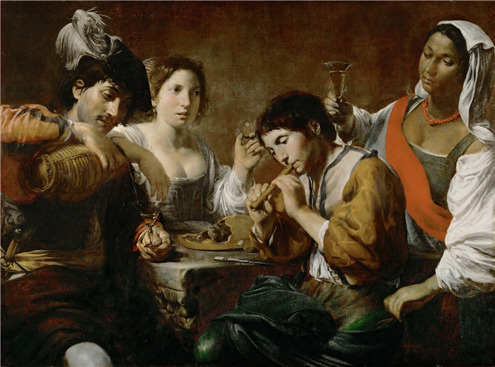 瓦伦丁·德·布洛涅（Valentin de Boulogne）高清油画下载-在歌舞厅聚会