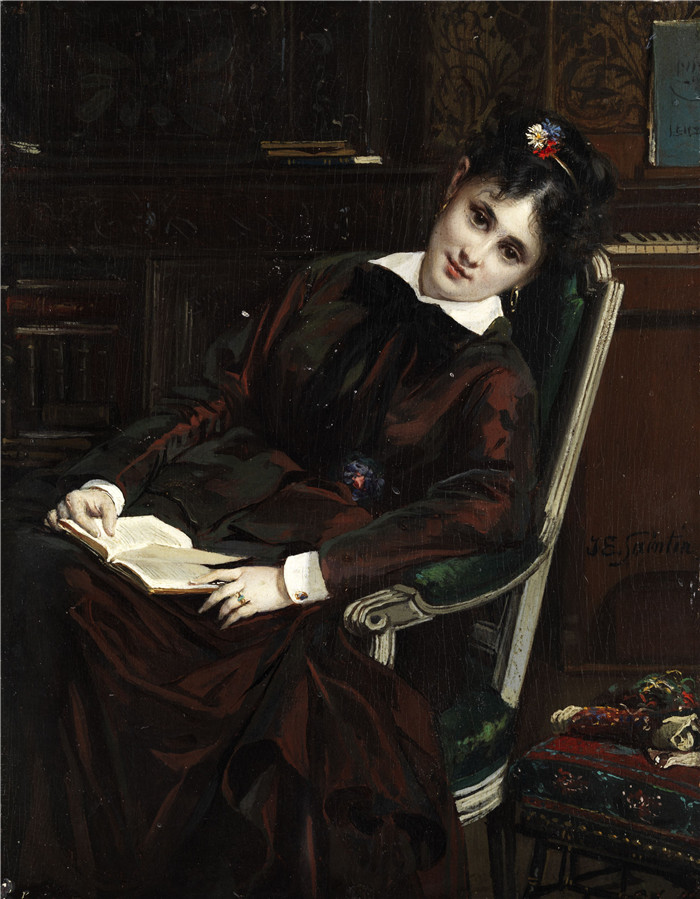 儒勒.埃米尔.桑坦(Jules-Émile Saintin,法国)高清作品-年轻女子阅读