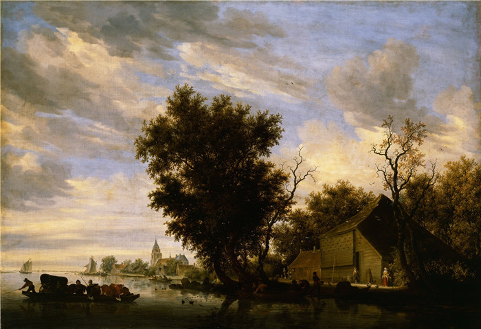萨洛蒙·凡·雷斯达尔(Salomon van Ruysdael)油画-渡船的河景