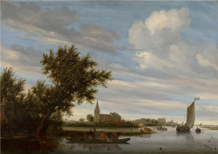 萨洛蒙·凡·雷斯达尔(Salomon van Ruysdael)油画-《河景与教堂和渡船》