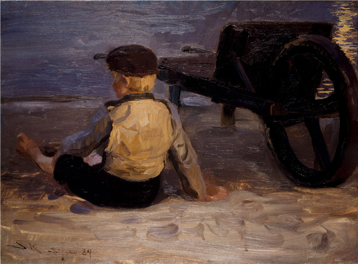 佩德·瑟夫林·柯罗耶(Peder SeverinKrøyer)油画下载-坐在独轮车旁的渔夫男孩