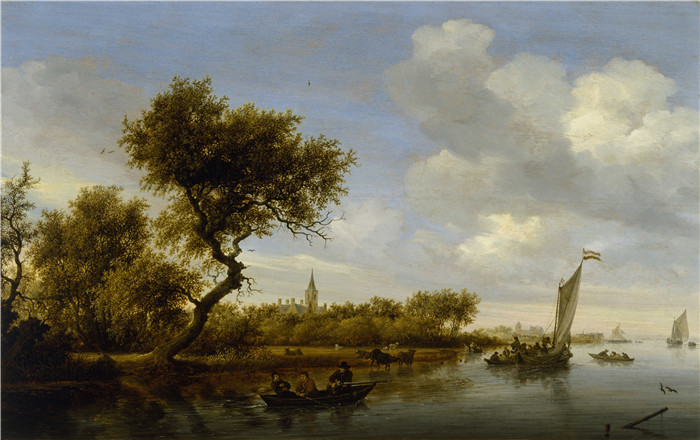 萨洛蒙·凡·雷斯达尔(Salomon van Ruysdael)超清油画下载-远处有教堂的河流景观