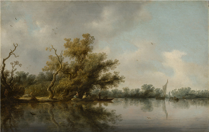 萨洛蒙·凡·雷斯达尔(Salomon van Ruysdael)油画-《河岸与老树》