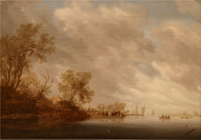 萨洛蒙·凡·雷斯达尔(Salomon van Ruysdael)油画-河流景观和渡轮