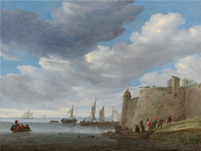 萨洛蒙·凡·雷斯达尔(Salomon van Ruysdael)油画-一个河口，有人在拉网（1664）
