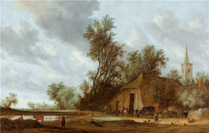 萨洛蒙·凡·雷斯达尔(Salomon van Ruysdael)油画-在旅馆停下来