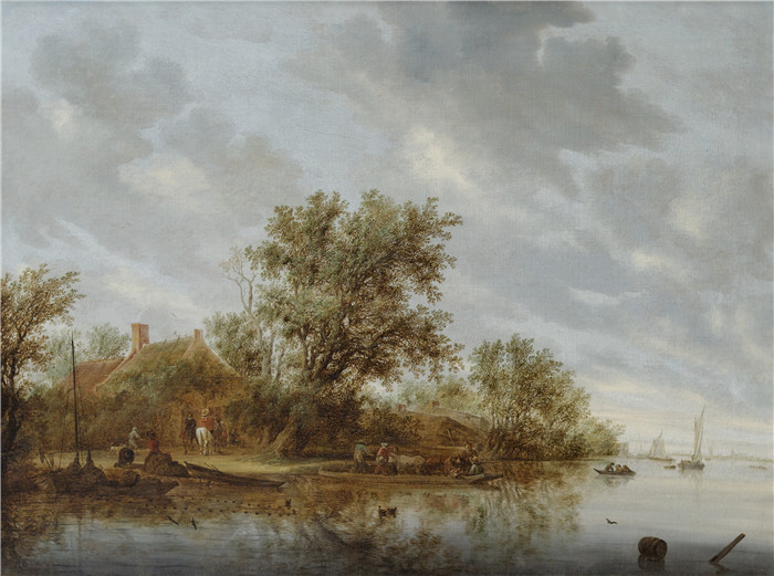 萨洛蒙·凡·雷斯达尔(Salomon van Ruysdael)油画-渡轮河流景观