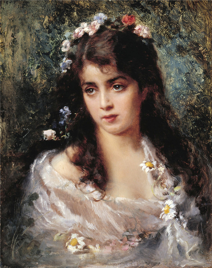 康斯坦丁·马科夫斯基( Konstantin Makovsky)油画下载-打扮成Flora的女孩