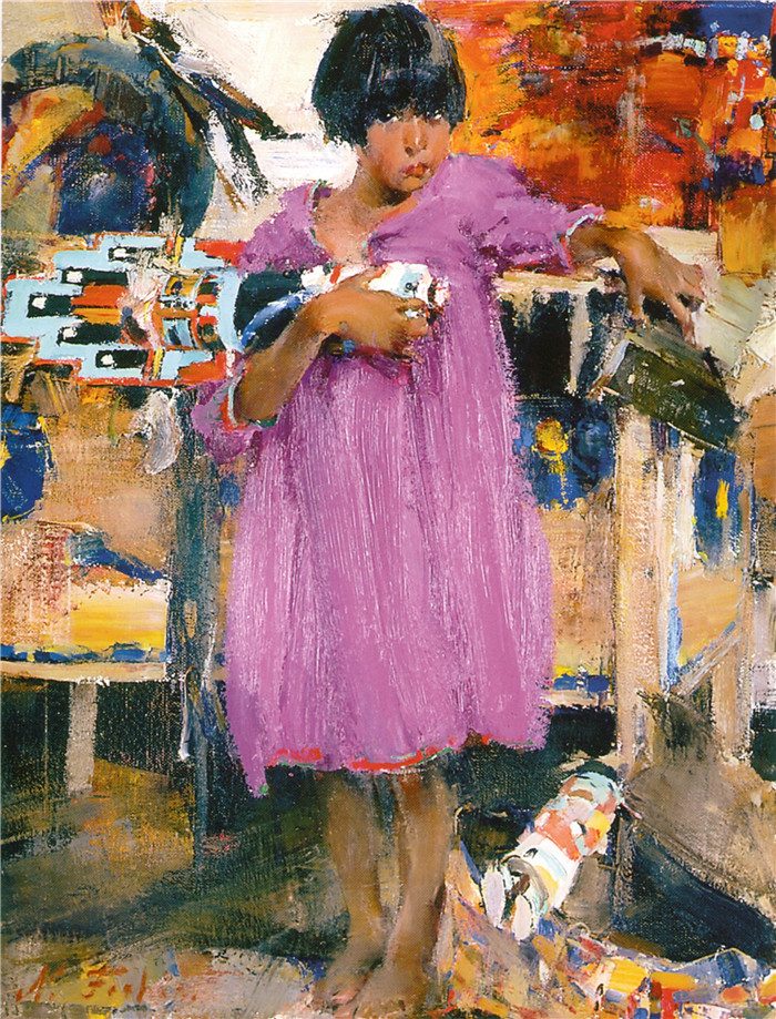 尼古拉·费欣(Nicolai Fechin)高清作品-Девочка в фиолетовом платье (1927—1933)