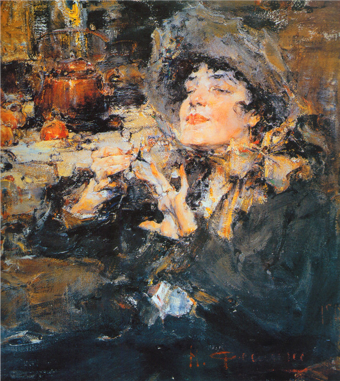 尼古拉·费欣(Nicolai Fechin)高清作品-Дама за маникюром (Портрет m-lle Жирмонд) (1917)
