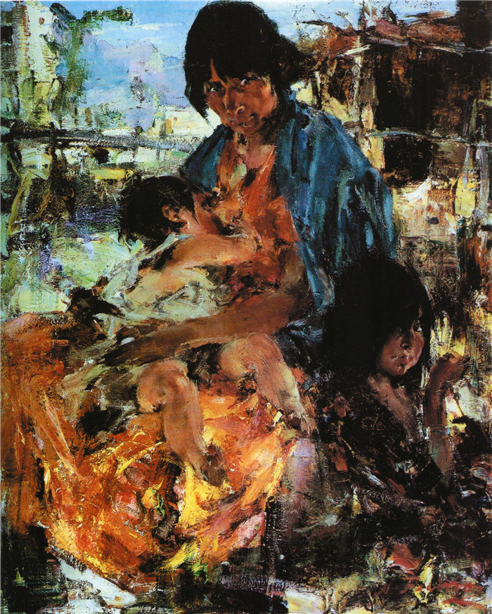 尼古拉·费欣(Nicolai Fechin)高清作品-有孩子的印度人 Индианка с детьми (1926—1927)