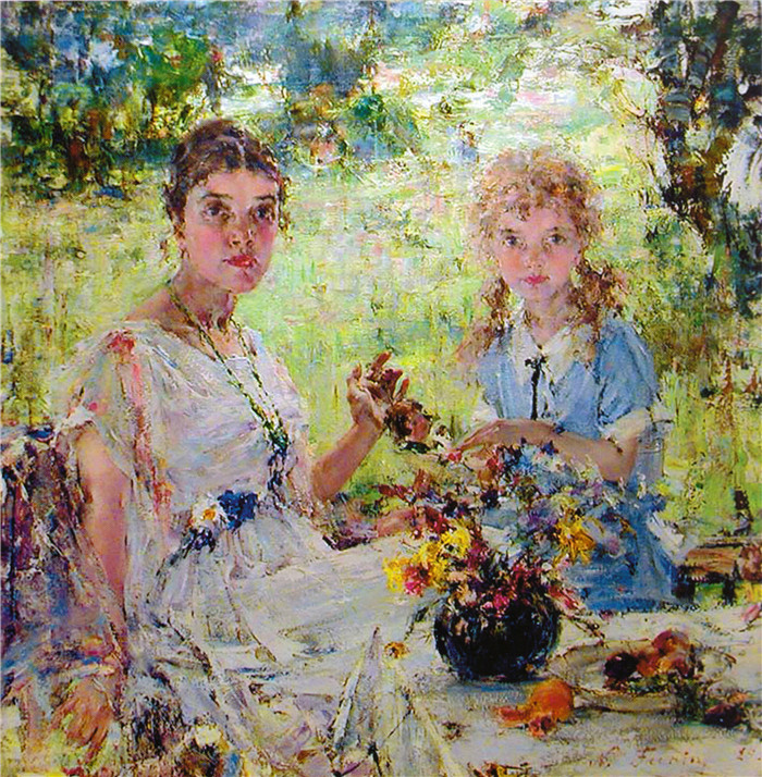 尼古拉·费欣(Nicolai Fechin)高清作品-夏天 Лето (Портрет А.Н.Фешиной с дочерью Ией) (1924)
