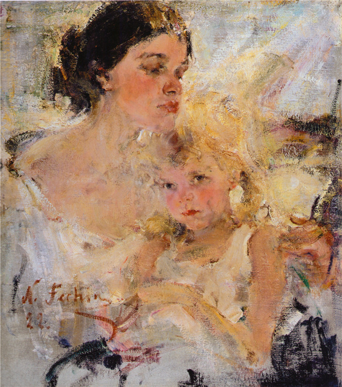 尼古拉·费欣(Nicolai Fechin)高清作品-Миссис Фешина с дочерью (1922)