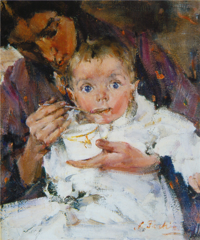 尼古拉·费欣(Nicolai Fechin)高清作品-Мать и дитя (Портрет А.Н.Фешиной с дочерью) (1914)
