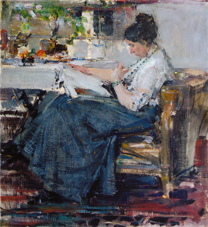 尼古拉·费欣(Nicolai Fechin)高清作品-Портрет Н.М.Сапожниковой. Этюд (1915) 2