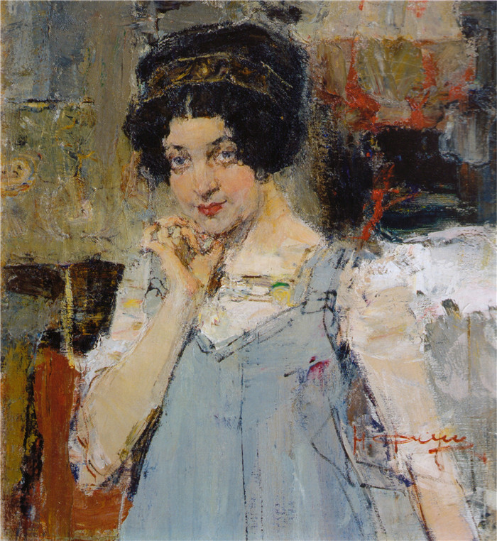 尼古拉·费欣(Nicolai Fechin)高清作品-Портрет жены архитектора Сидорченко (1915)