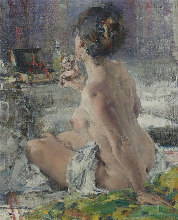 尼古拉·费欣(Nicolai Fechin)高清作品-坐在床上的性感裸女
