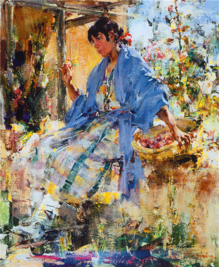 尼古拉·费欣(Nicolai Fechin)高清作品-穿蓝衣服的女人 (1928)